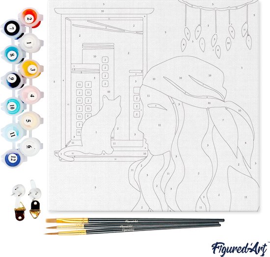 Figured'Art – Peinture Par Numéros Adulte – Femme Et Chat Bleu – Toile Tendue Sur Châssis 40x50 Cm – Kit Complet – Loisir Créatif Anti-stress