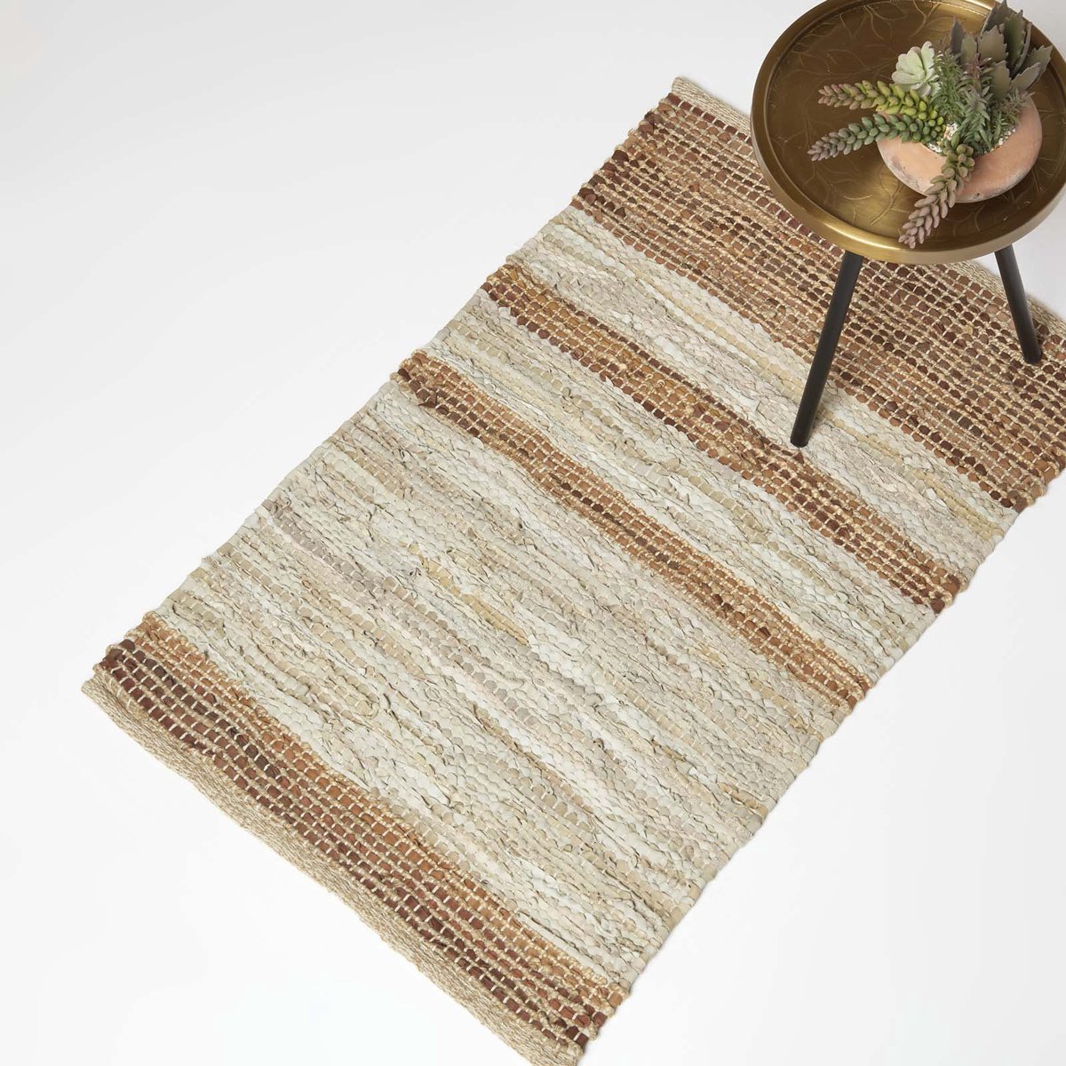 Homescapes leren tapijt beige-bruine strepen 60 x 90 cm - tapijt gemaakt van gerecycled leer