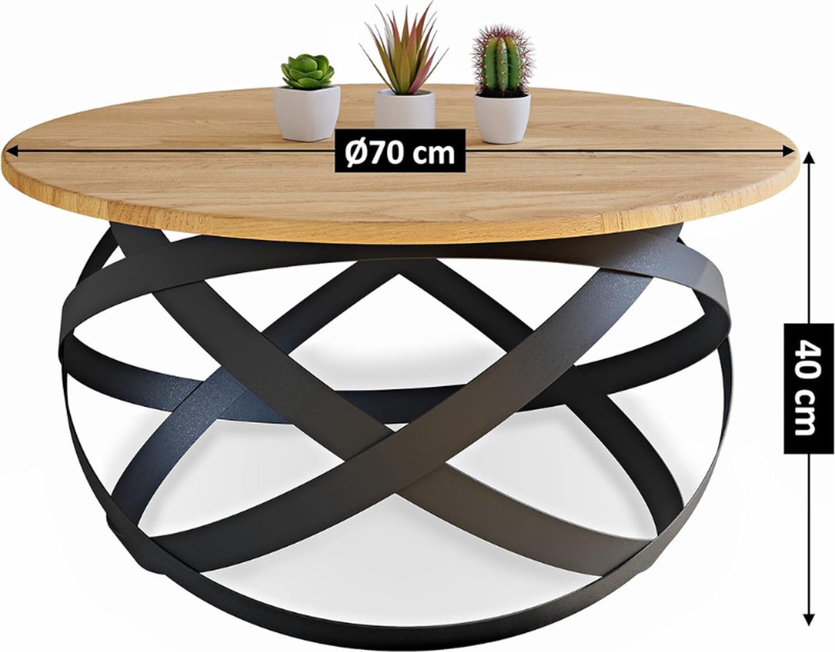 Salontafel Firenze - Handgemaakt Van Massief Natuurlijk Eikenhout Met Modern Minimalistisch Industrieel Design (Rond - Ø70x40 Cm)