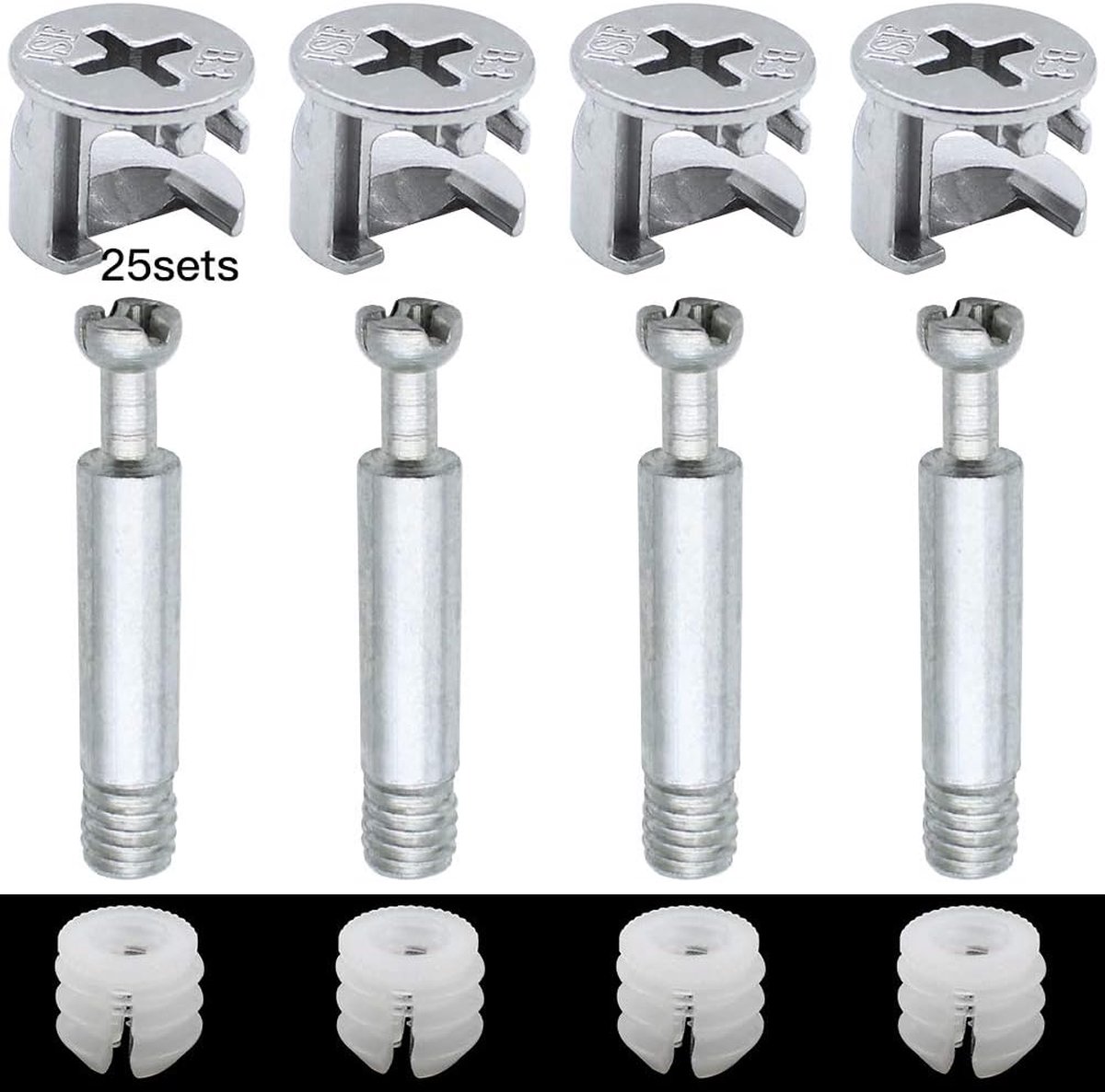 25 stuks meubelverbindingsset, excentrische beslag, meubelverbinders, kastverbinders, excentrische 14,5 mm, nokkenbeslag 34,5 mm, M6 inschroefpluggen en kunststof moeren voor meubels,