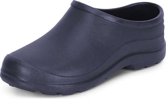 Sabot Ladeheid bleu marine, avec bout rond et talon ouvert, gros plan.
