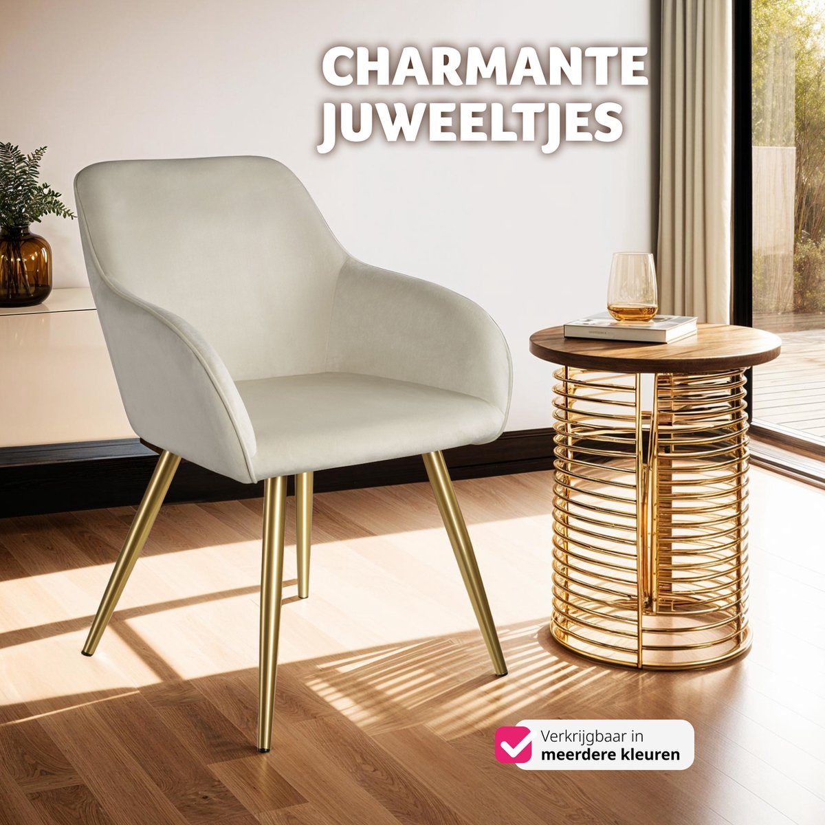 tectake® Eetkamerstoel Marilyn - Met Armleuningen - Elegante Stoel met Gevoerde Zitting in Fluweellook - Gestoffeerd - Gouden Metalen Poten - Ergonomische Keukenstoel - Stoel voor Woonkamer, Eetkamer en Slaapkamer - Creme – foto 4
