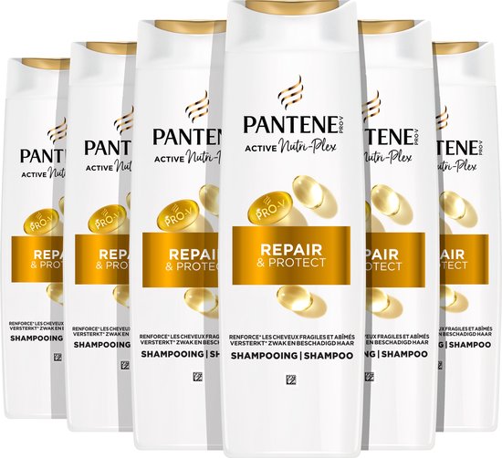 Six flacons blancs Pantene Pro-V avec des accents dorés et le texte 'Repair & Protect'.