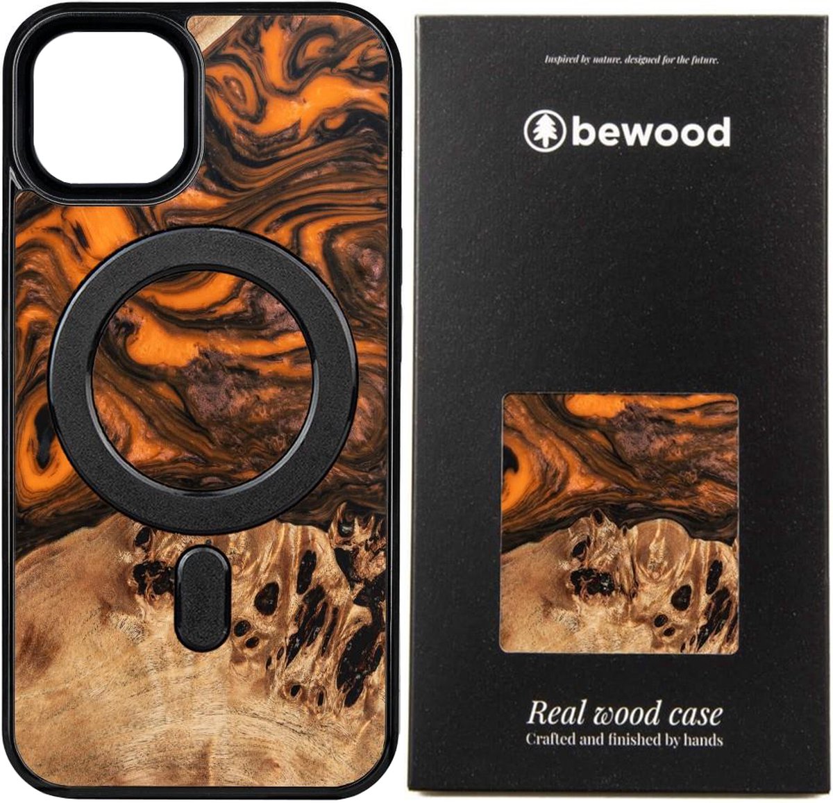 Bewood Wood and Resin Echt Houten Back Cover met MagSafe voor Apple iPhone 13 Pro - Unique Orange