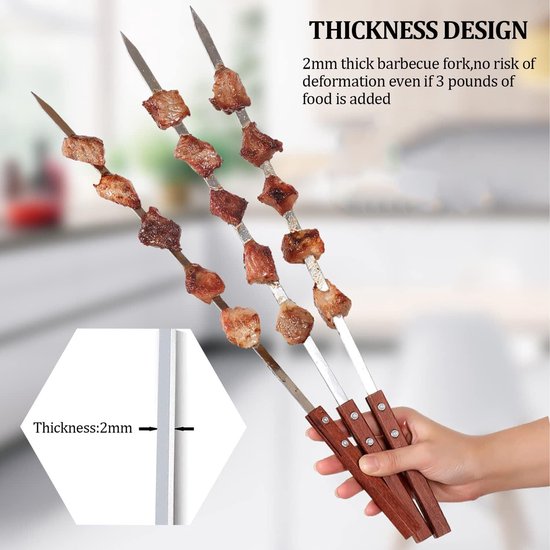 Jadin 10 stuks 42 cm platte schaschlikspiesen roestvrij staal, Adana spiesen, roestvrijstalen grillspiesen, kebab met houten greep, hittebestendige, herbruikbare grillspiesen met tas, grillaccessoires