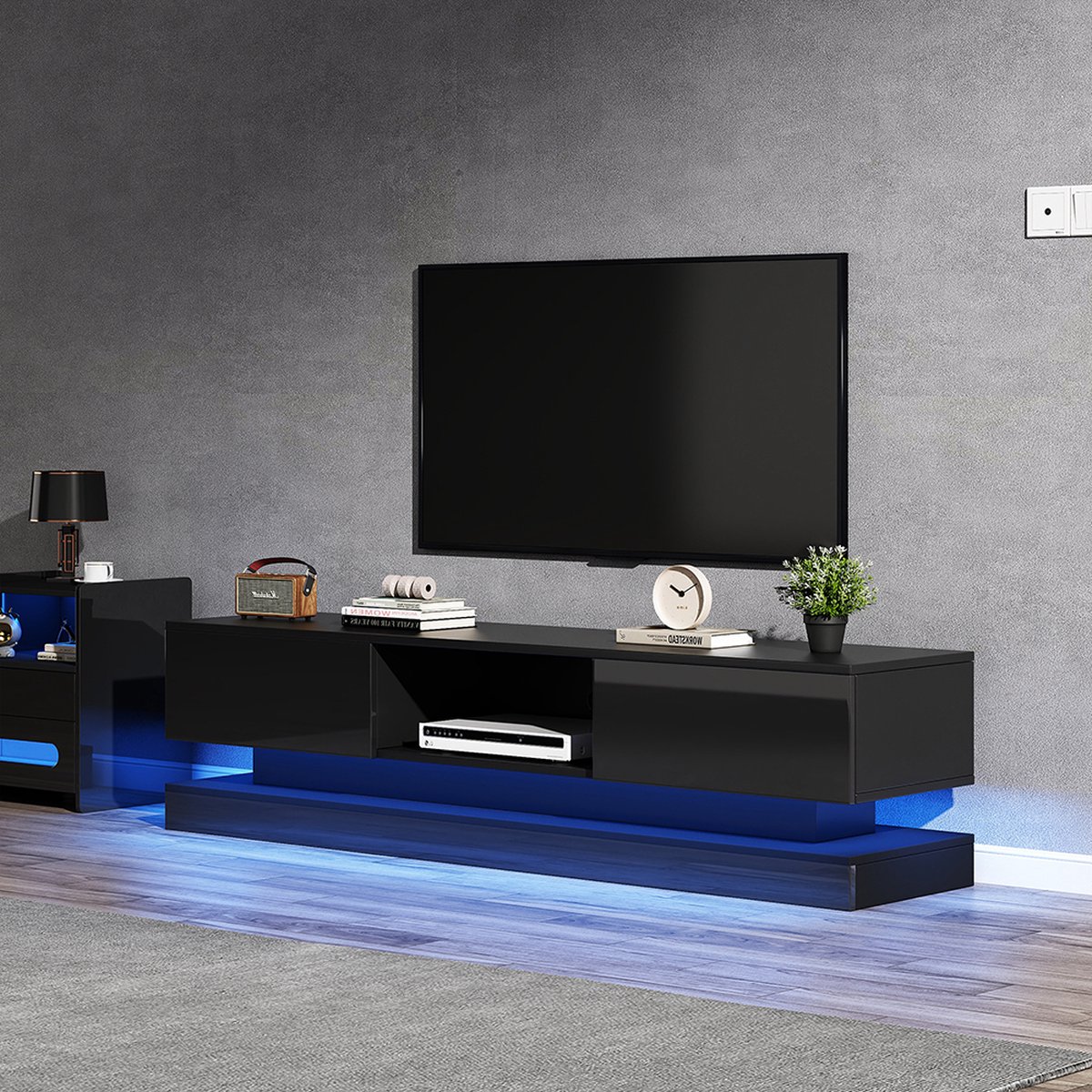 KOMHTOM TV Meubel 160x35x40,5 cm TV-tafel met LED-verlichting 2 lades Anti-kantel ontwerp voor 60'' TV Hoogglans Zwart