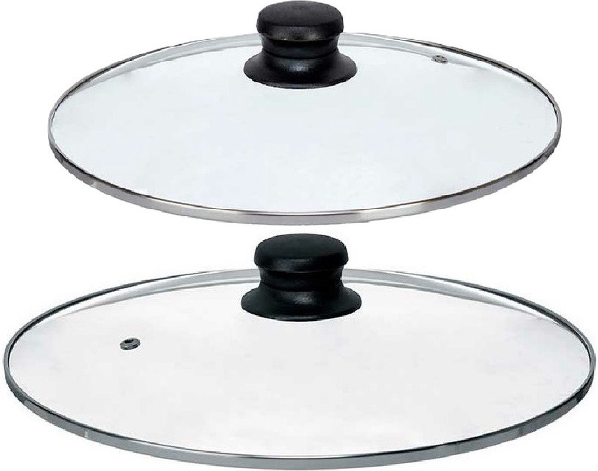 Kinvara Universele pannendeksel set - 2x stuks - Dia 28/26 cm - glas - stoomgaatje - voor diverse soorten pannen