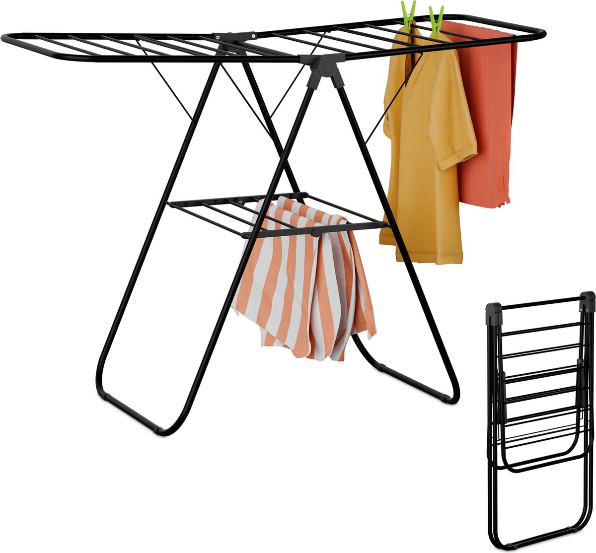 Goedkoopste droogrek - inklapbaar - 2 niveaus - vleugelrek - staand - metaal - badkamer - zwart