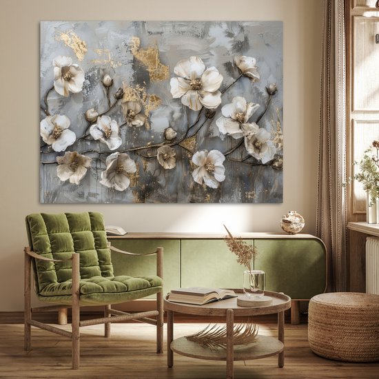 Affiche 160x120 cm - Fleurs - Wit - Grijs - Or - Luxe - Posters - Décoration chambre - Décoration murale salon - Décoration murale chambre XXL