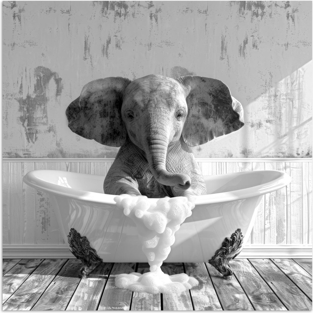 Poster 75x75 cm - Olifant - Vintage - Dieren - Zwart - Wit - Posters - Wanddecoratie badka