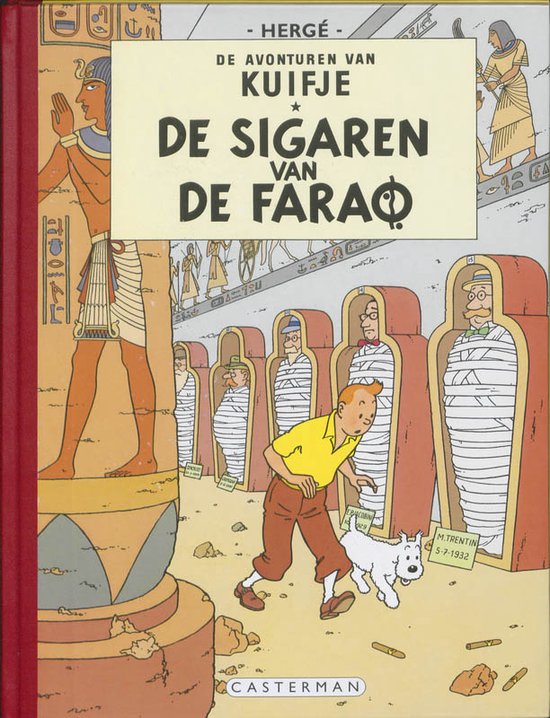 Kuifje en Bobbie rennen langs mummiekisten in een Egyptische tombe. Kuifje: De sigaren van de farao.