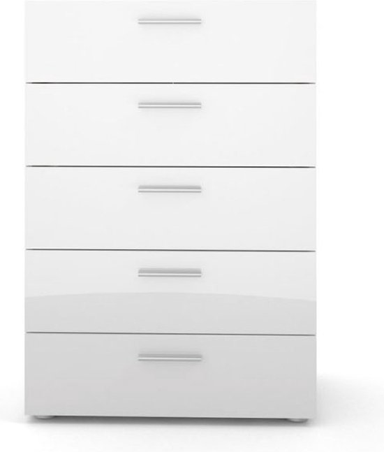 Petra kommode 5 lades eiken decor en wit hoogglans.