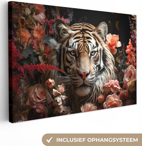 Canvas schilderij 120x80 cm - Tijger bloemen - Kamer decoratie accessoires roze - Schilderijen dieren woonkamer - Wanddecoratie slaapkamer - Muurdecoratie keuken - Wanddoek interieur binnen - Woondecoratie huis