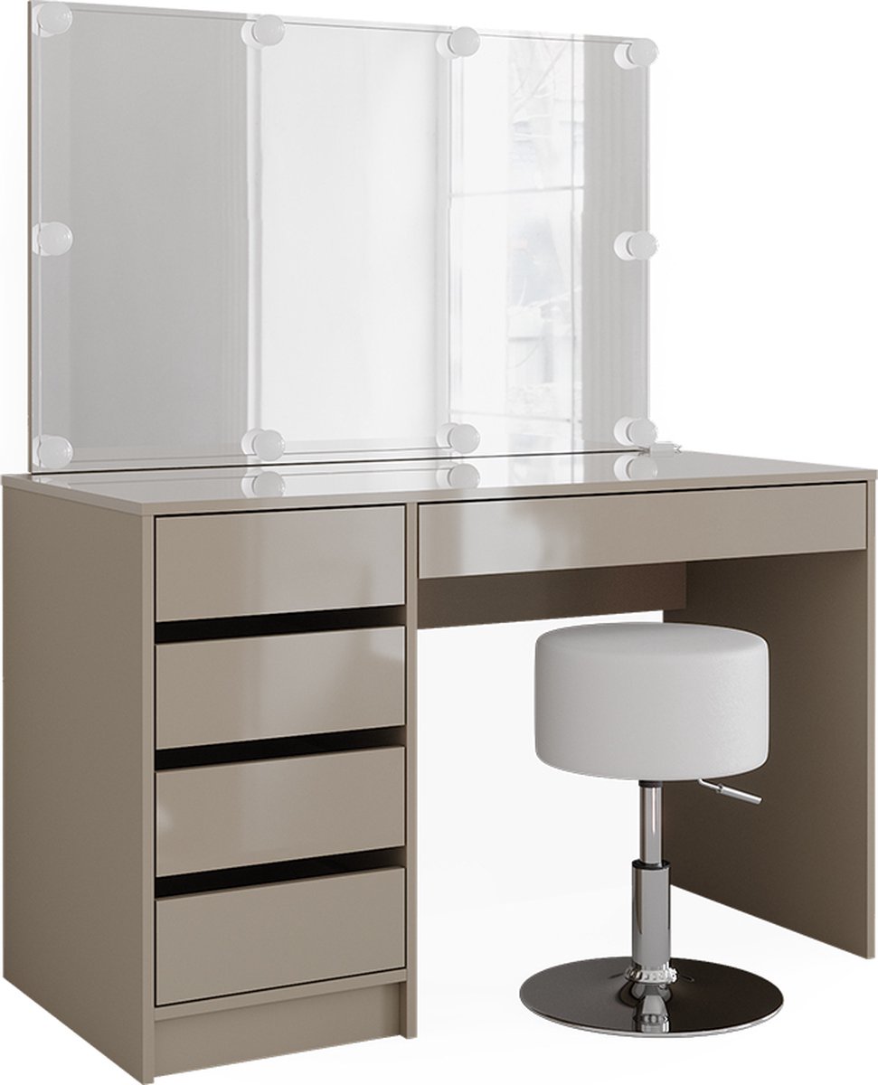 Vicco Kaptafel Sherry, Grijs, 120 cm met spiegel, LED-lichtslinger en kruk