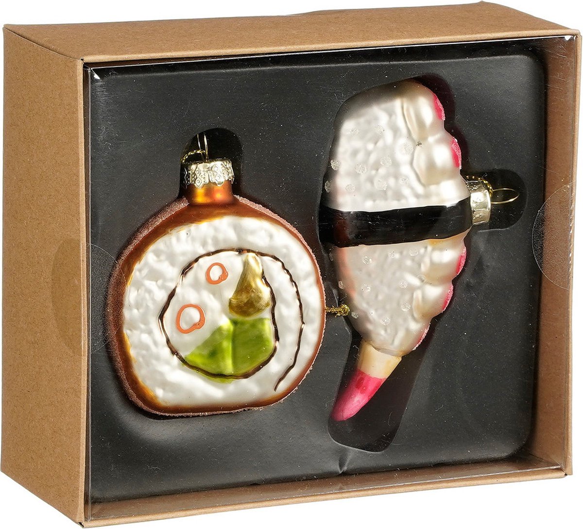 House of Seasons Kersthangers sushi - 2x stuks - glas - 14 x12 x 5,5 cm - kerstornamenten Multi