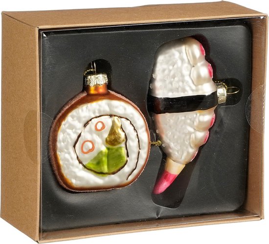 House of Seasons Kersthangers sushi - 2x stuks - glas - 14 x12 x 5,5 cm - kerstornamenten