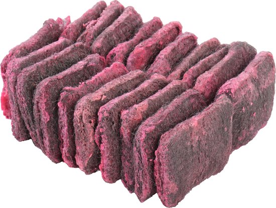 Een stapel van 20 roze en grijs gemêleerde staalwollen zeepsponzen, op hun zijkanten gestapeld.