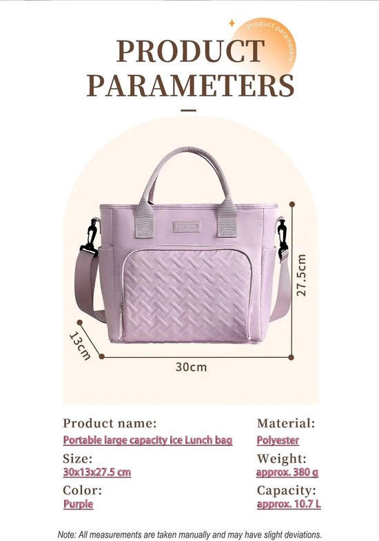 Rainbecom Geïsoleerde Lunchtas 10.7L - Koeltassen Paars - Isolerende & Waterdichte 900D Polyester - Handvat Riem Lunch Bag - Verstelbare Schouderriem - Voor Werk, School, Reizen, Picknick - 30x13x27.5cm van Merkloos — afbeelding 2