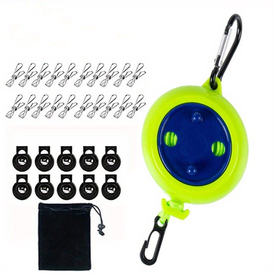 Intrekbare waslijn, draagbare waslijn, 10 m, intrekbare waslijn met 10 vaste gespen en 20 winddichte klemmen, voor binnen en buiten, camping, reizen, accessoires (oranje