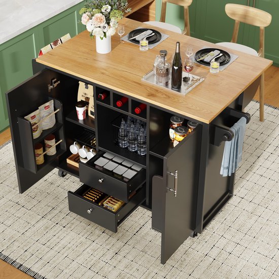 Buffet îlot de cuisine 120 x 73 (45) x 92 cm, meuble de cuisine, chariot de cuisine et plan de travail rabattable avec porte-serviettes, étagère à épices, porte-bouteilles et étagères réglables, blanc/noir