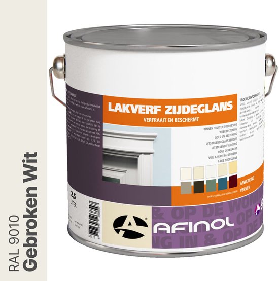 Blik Afinoli lakverf zijdeglans gebroken wit RAL 9010, 2,5 liter. Verkrijgbaar in diverse kleuren.