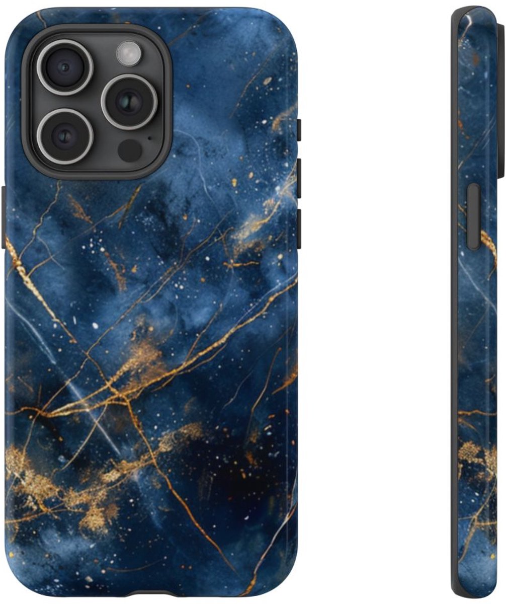 Blauw Marmerpatroon met Gouden Adering – Telefoonhoesje Geschikt voor iPhone 15 Pro Max