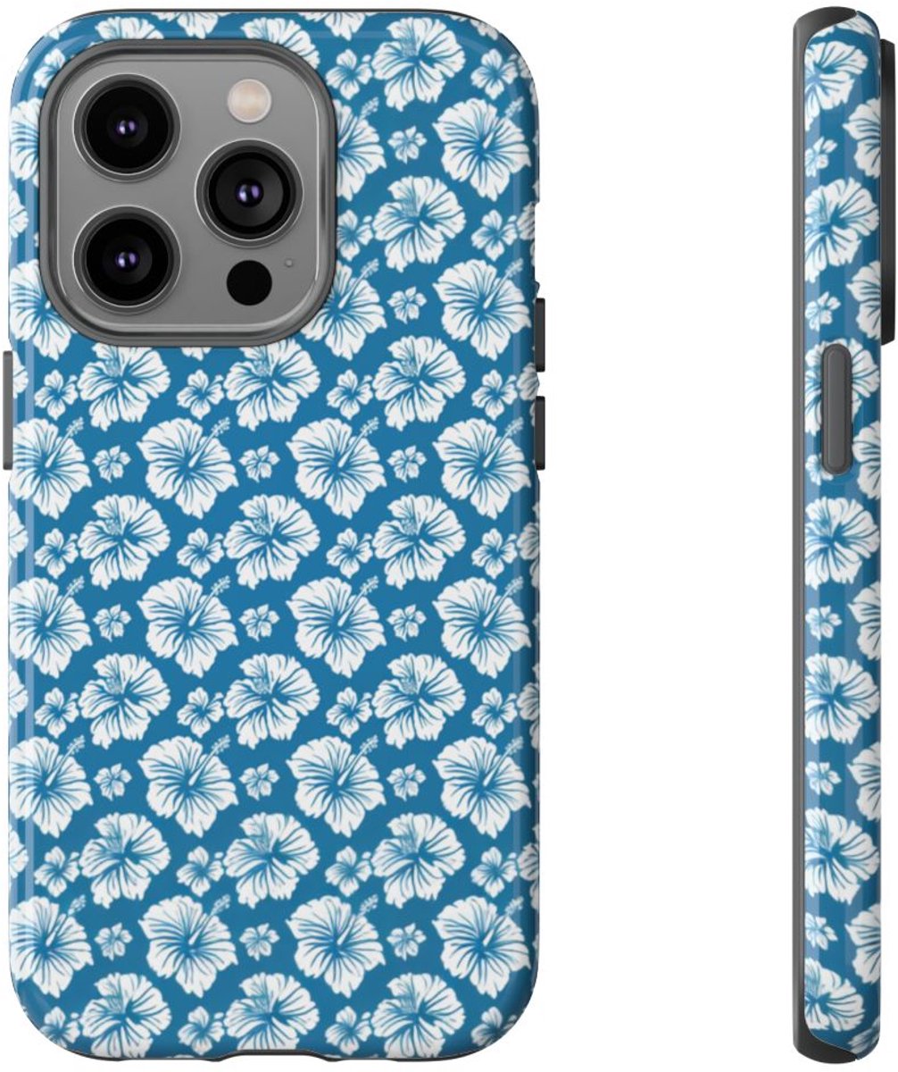 Wit Hawaïaans Bloemenpatroon op Blauw – Telefoonhoesje Geschikt voor iPhone 14 Pro