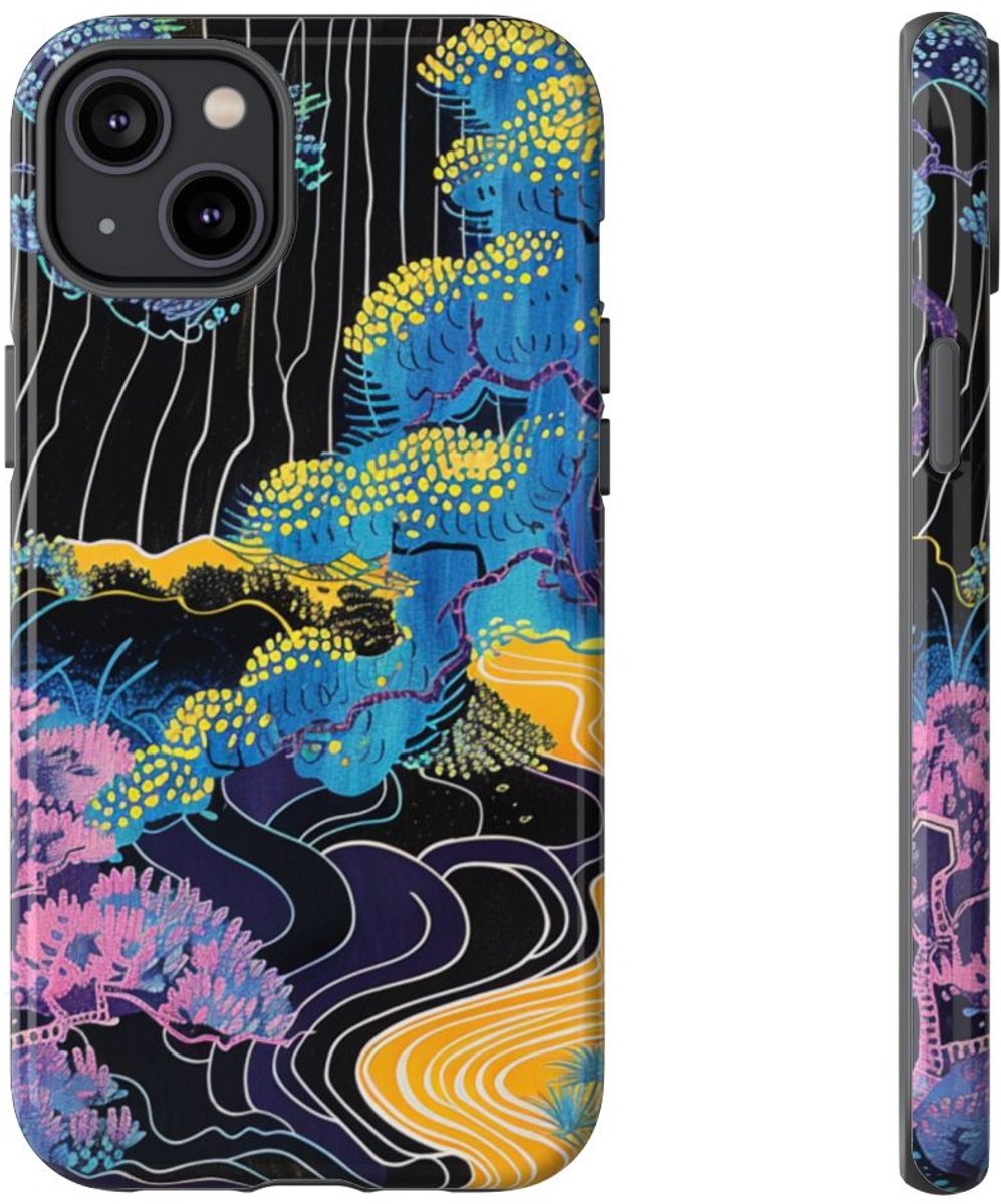 Kleurrijke Abstracte Bomen en Rivier – Telefoonhoesje Geschikt voor iPhone 14 Plus