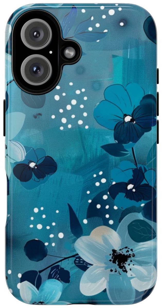 Turquoise Bloemenpatroon met Stippen – Telefoonhoesje Geschikt voor iPhone 16