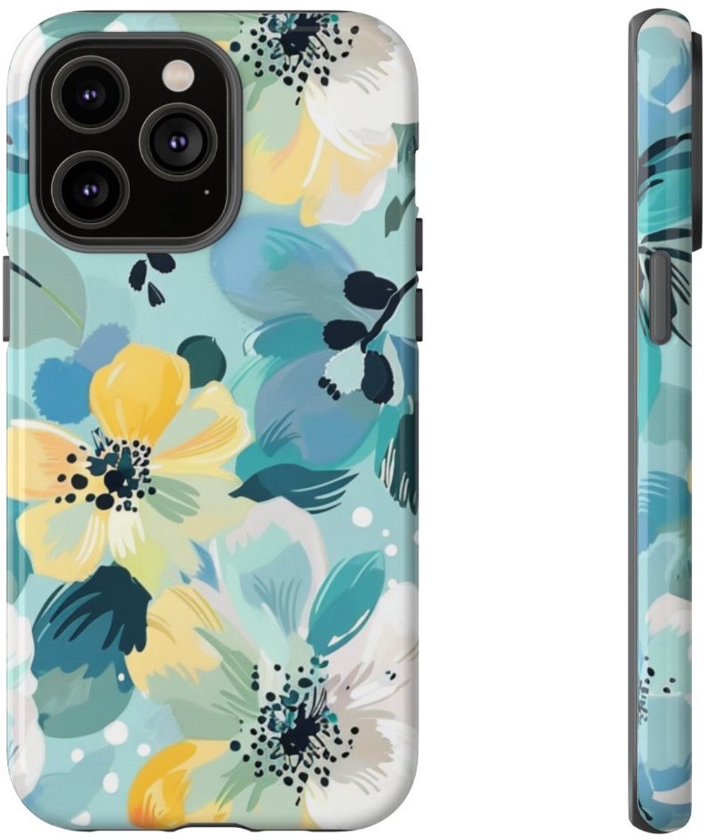 Turquoise Bloemenpatroon met Stippen – Telefoonhoesje Geschikt voor iPhone 14 Pro Max
