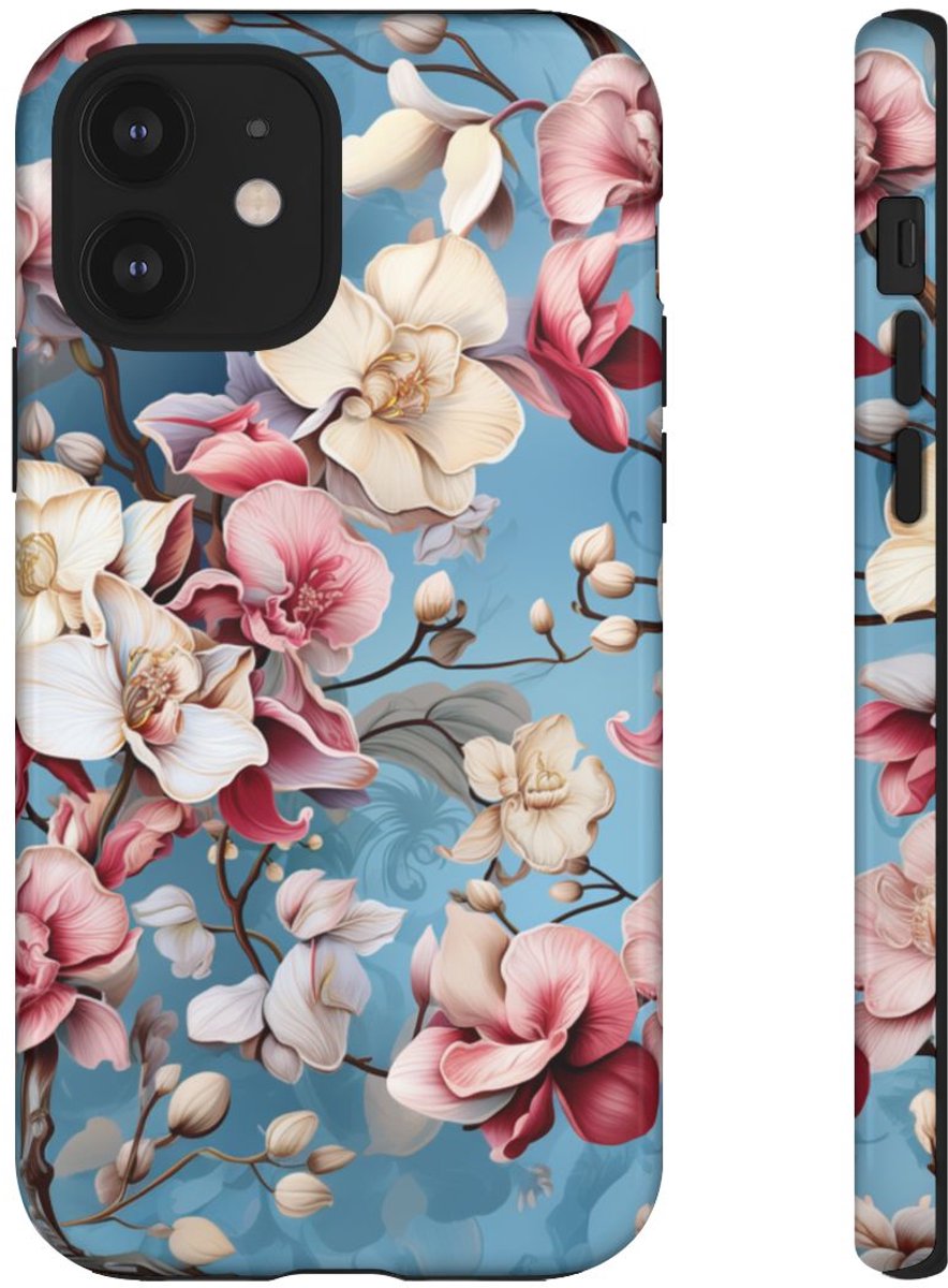 Orchideeën Bloemenpatroon op Blauwe Achtergrond – Telefoonhoesje Geschikt voor iPhone 12