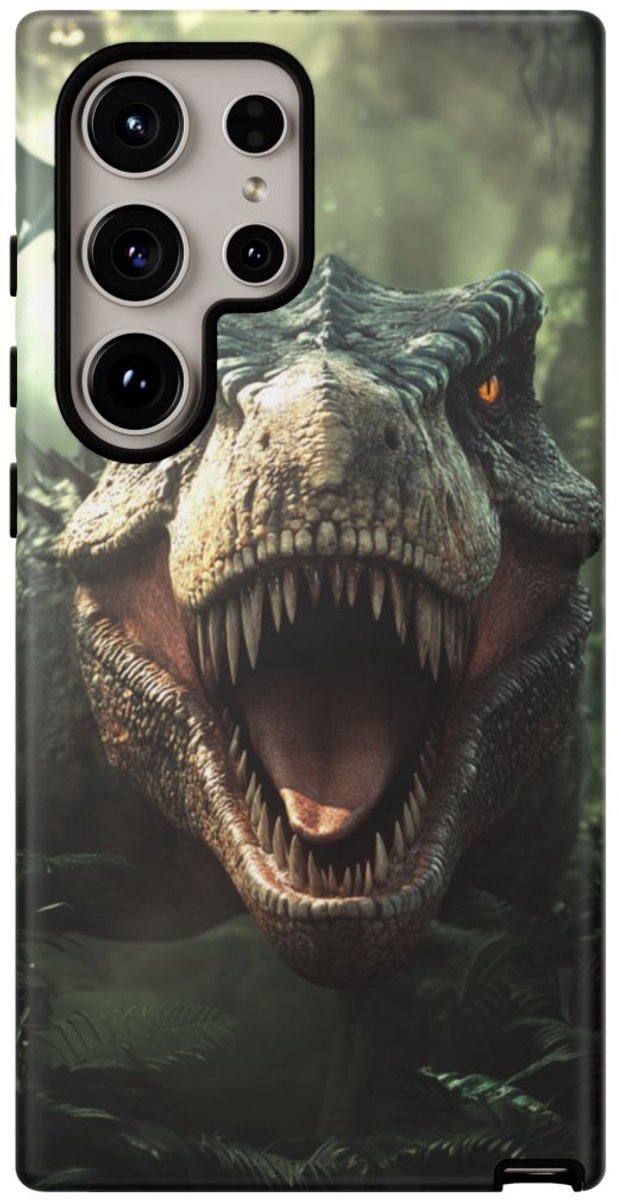 Stoere Dinosaurus in Mistig Bos – Telefoonhoesje Geschikt voor Galaxy S24 Ultra