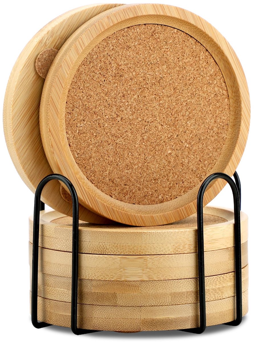 Bamboe onderzetters - Houten coasters - Tafel beschermen - Absorberend kurk - Set van 6 - Natuurlijk