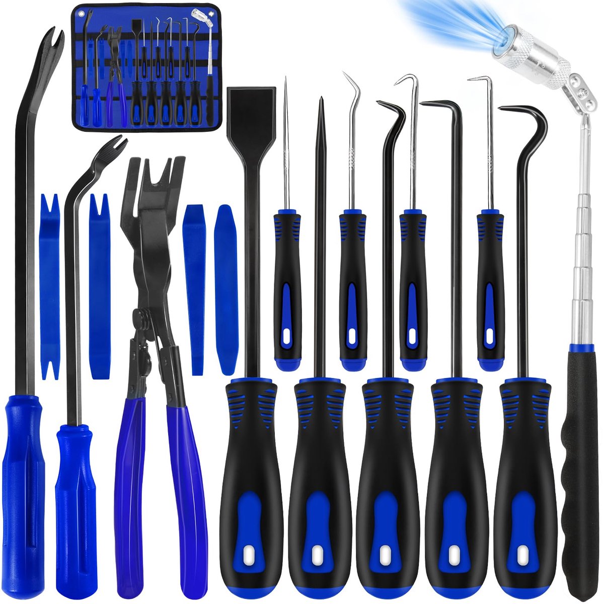 17-delige Gereedschapsset - Met Naald- en Haakset, Schraper, Telescopische Magneetgrijper en Auto Interieur Demontagegereedschap - Voor O-ringen, Deurpanelen en Sierlijsten - Blauw
