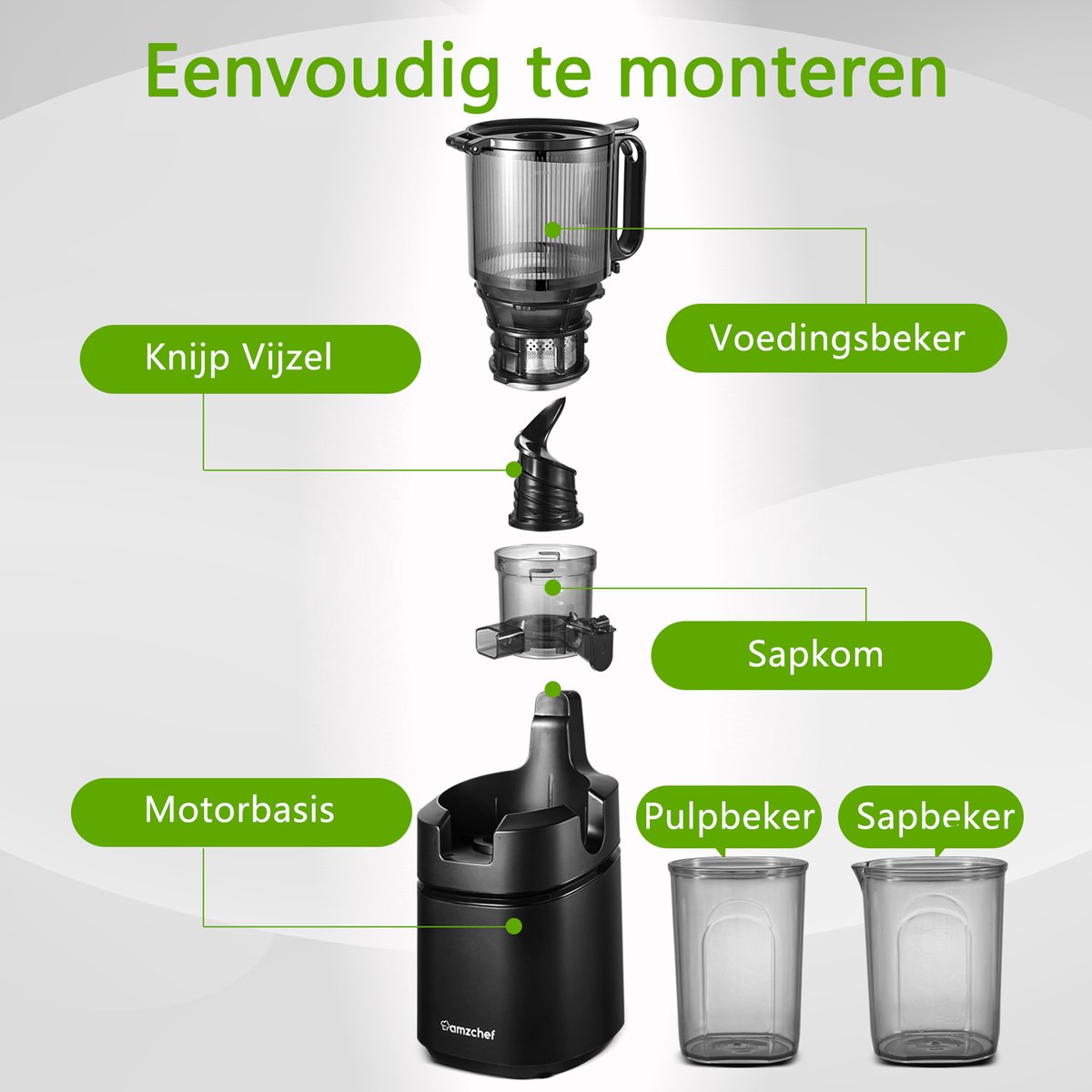 AMZCHEF Slowjuicer - 135MM Extra Grote Vulopening - Zwart thumbnail 5
