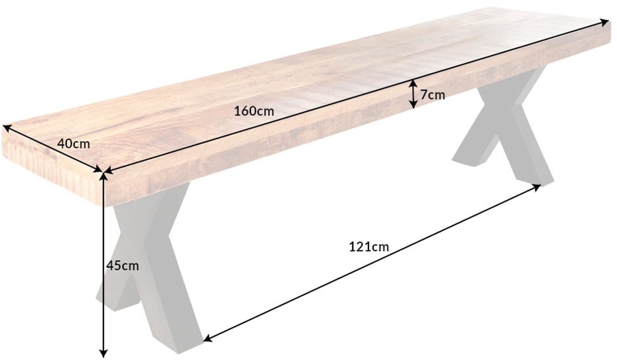 industrieele bank IRON CRAFT 160cm mangohout met zwarte X-poten - 42339