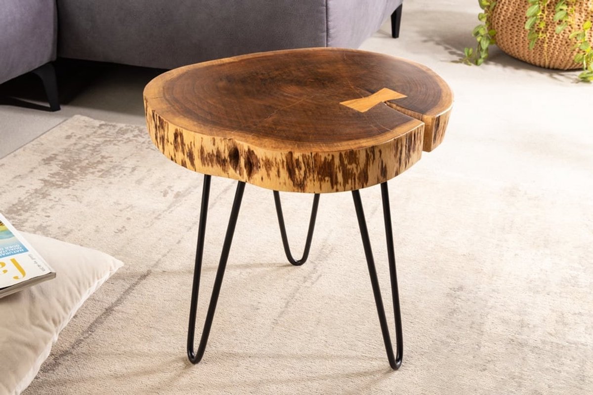 industrieele bijzettafel GOA 40cm natuurlijk acacia massief hout boomstam ronde haarspeldpoten - 42902