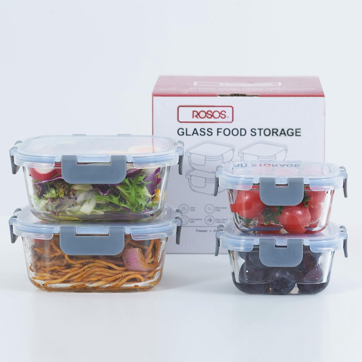 ROSOS Glazen bewaardozen met deksels, 4-pack glazen bewaardozen voor voedsel met verbeterde deksels, BPA-vrij voor voedsel en lekvrij, glazen bewaardozen voor voedsel met deksels voor oven/vriezer, grijs