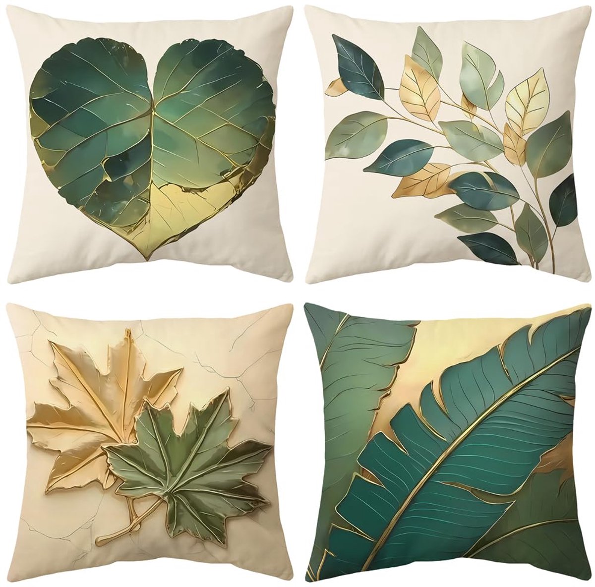 Ibenzoa Set van 4 stijlvolle katoenen kussenhoezen met dubbelzijdig patroon 45 x 45 cm groen