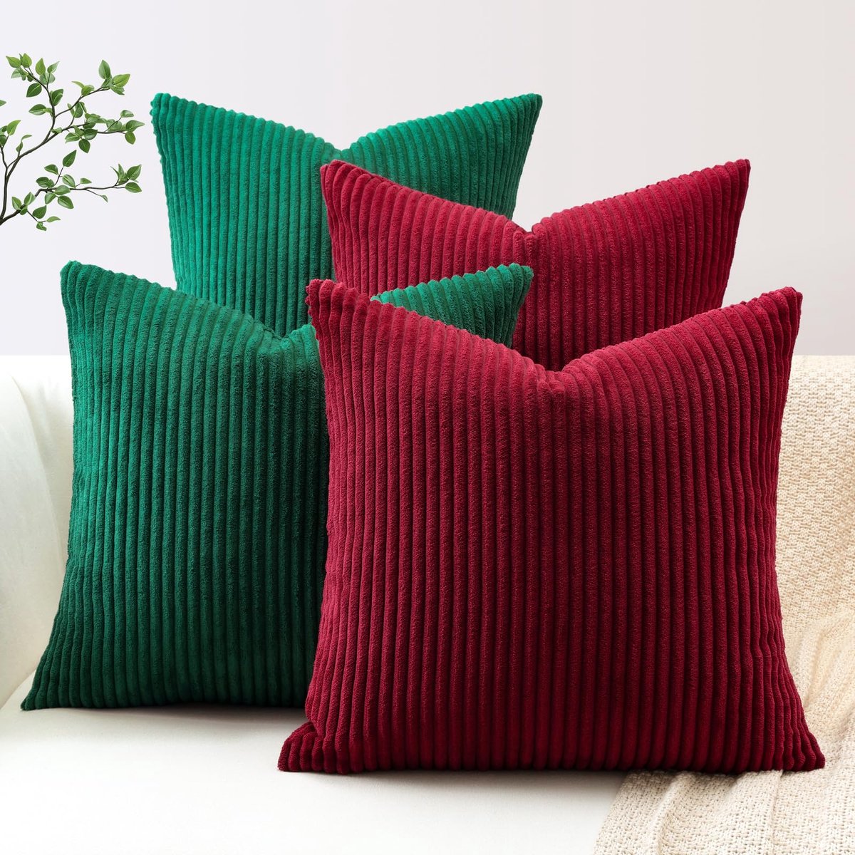 Ibenzoa Set van 4 zachte corduroy kussenslopen voor stijlvolle woonkamerdecoratie rood
