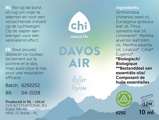 Verpakking en roller Chi Davos Air met ingrediënten en gebruiksinstructies in het Nederlands en Frans.