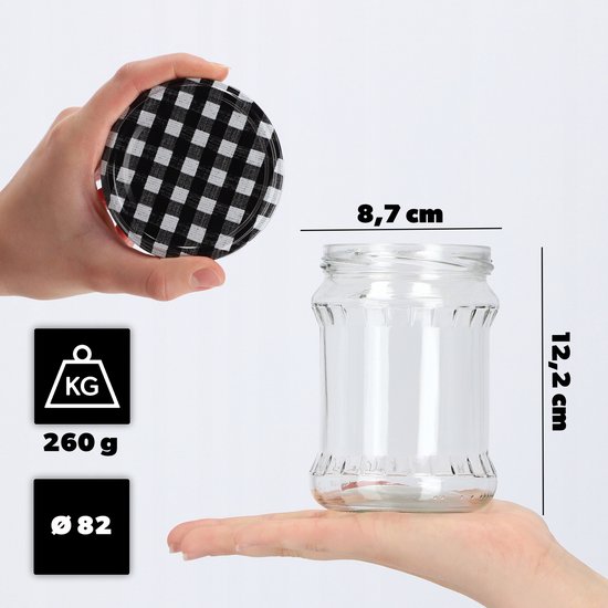 KADAX Inmaakpotten, 500 ml, bewaarpotten met schroefdeksel, inmaakpotten, jampot, voorraadpot, conservenglas, ronde potten (zwart geruit, 8 stuks)