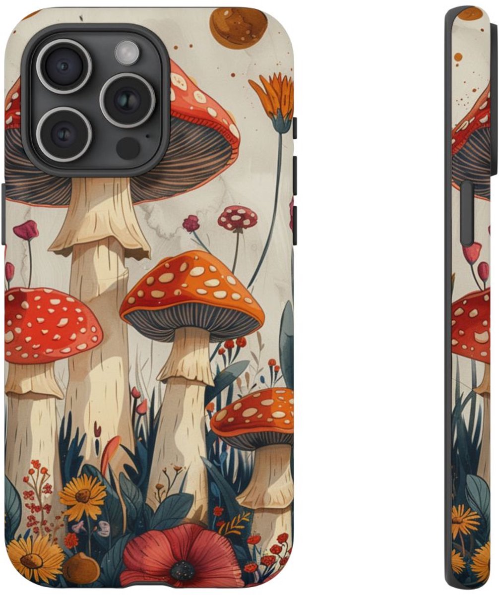 Vrolijke Paddenstoelen en Bloemen – Telefoonhoesje Geschikt voor iPhone 15 Pro Max