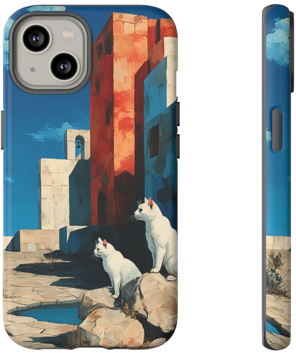 Witte Katten op Rotsen in Woestijnlandschap – Telefoonhoesje Geschikt voor iPhone 14