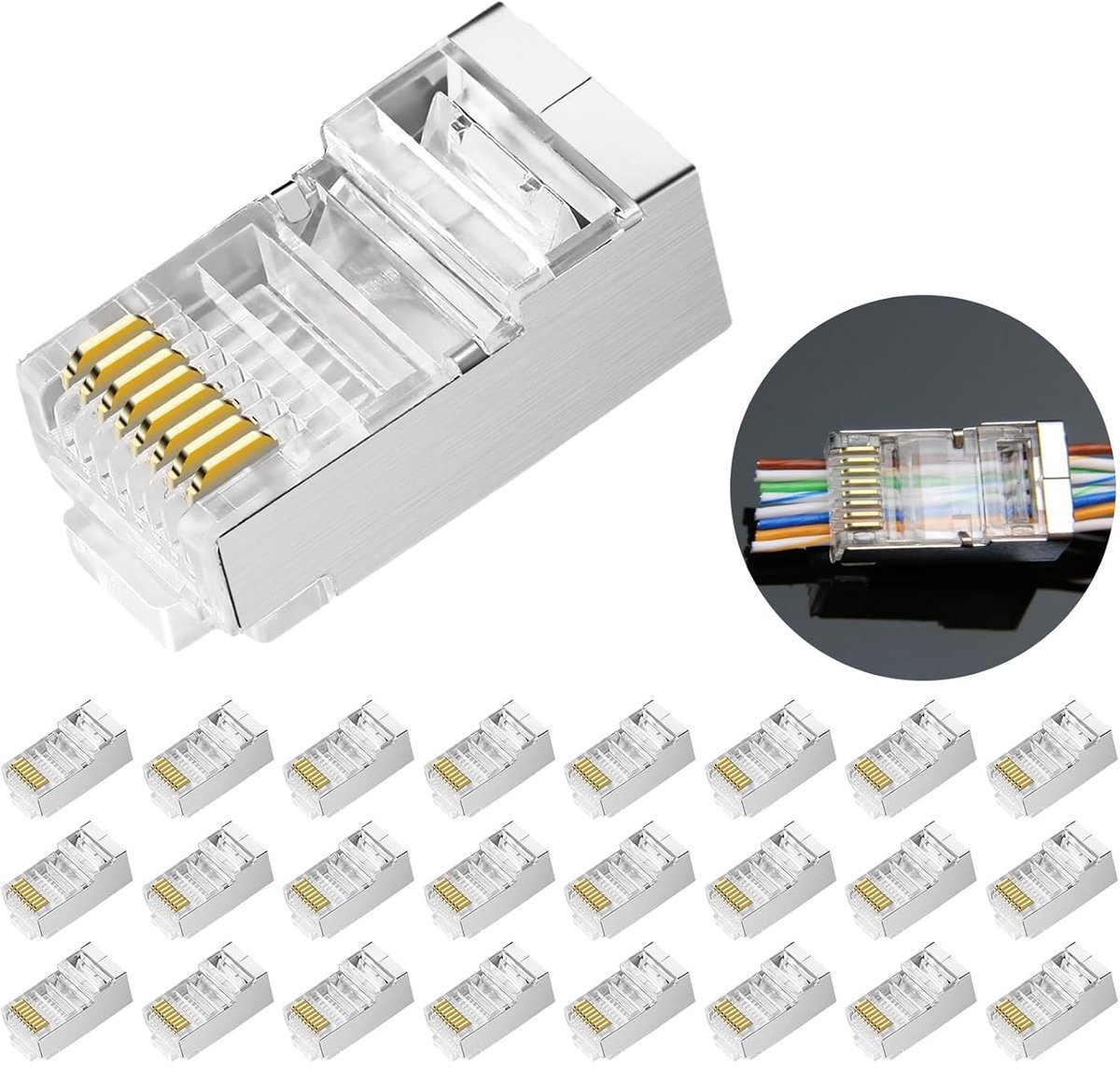 Image of 25 stuks RJ45 CAT6/CAT5/CAT5E connectoren - 1 Gbps afgeschermde connector RJ45 8P8C - gereedschapsloze connector voor gegevensoverdracht hoge snelheid Ethernet