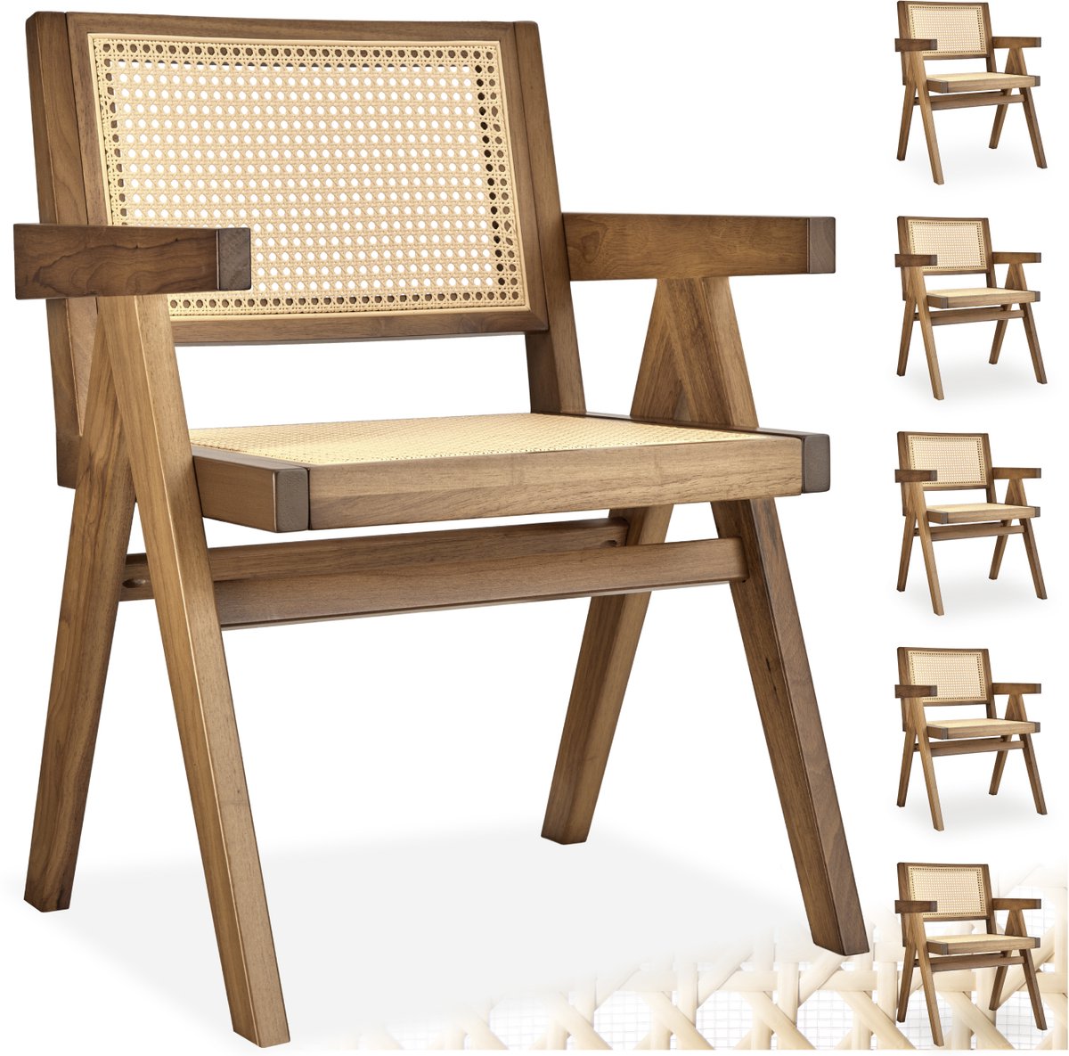 Tectake Houten Stoel Lizzy met Armleuning - Licht Eiken - Set van 6 Eetkamerstoelen met Weens Vlechtwerk - Boho-Stijl Stoel met Rugleuning - Massief Houten Frame - Belastbaarheid 120 kg Licht Eiken - Met Armleuning