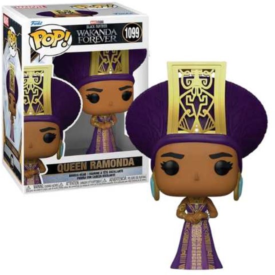 Queen Ramonda Funko Pop! figuur in paarse jurk met gouden versieringen en grote paarse hoofdtooi met gouden accenten, naast de verpakking.