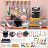 61-delige set speelgoedaccessoires voor kinderen, speelkeuken met BBQ-kookset met potten en pannen, kookgerei, gesneden speelgoedvoedselset, speelgoedgroenten, speelkeuken voor meisjes en jongens (roze)