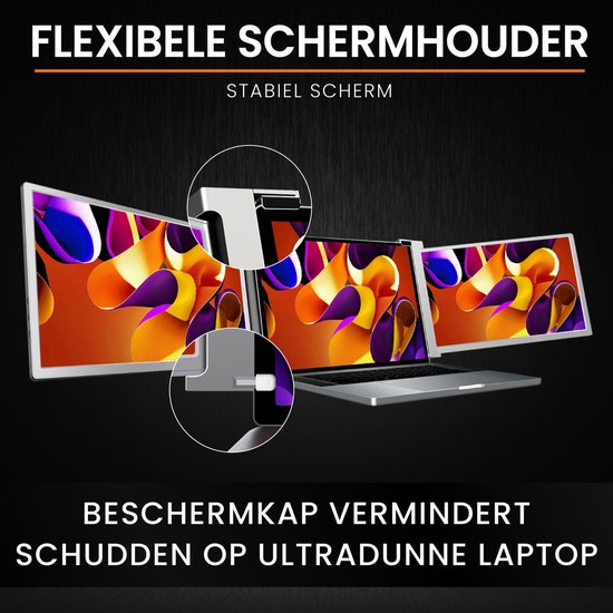 Schermhouder met twee 15,6" Full HD schermen naast een laptop. Met vergrootglas op de zilverkleurige clipbevestiging.