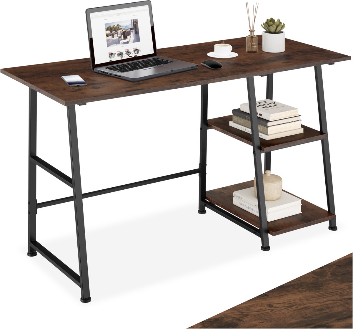 Tectake Bureau met 2 planken - Bureautafel - Computerbureau - Houten bureaublad - Industrieel design - Zwart metalen frame - Afmetingen (LxBxH) 120 x 50 x 73,5 cm - Donkerbruin